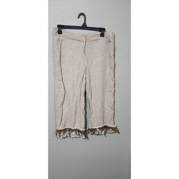 Chicos Pants Womens Linen Cropped ripped Lace & Fringe Hem Size 2.5 Short FLAWS - Picture 1 of 16
